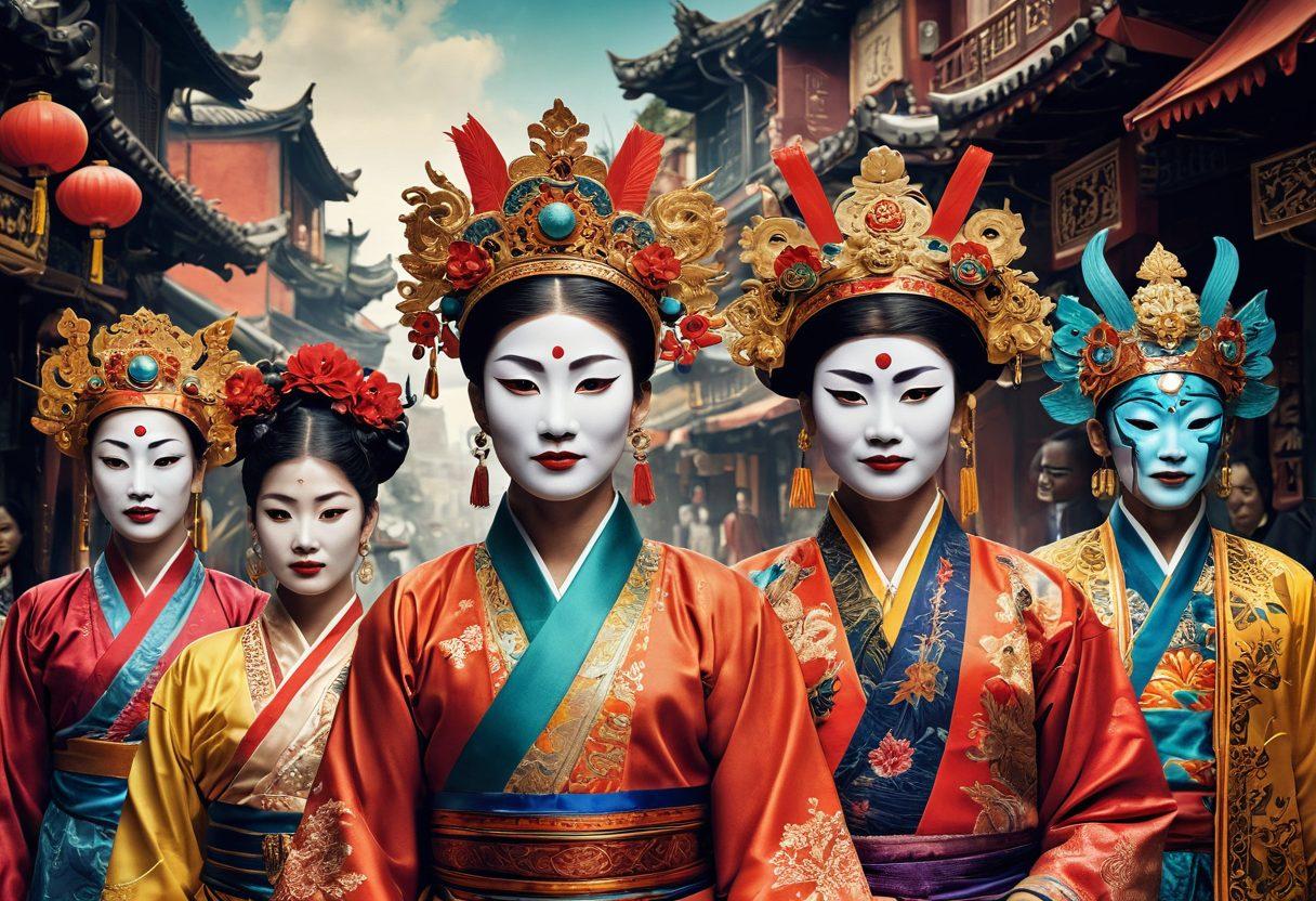 A vibrant collage depicting iconic elements of Asian culture such as traditional costumes, theatrical masks, and colorful street festivals, all intertwined with hints of drama and controversy symbolized by abstract expressions and contrasting colors. The background features a blend of cityscapes and serene landscapes, showcasing the duality in culture. ornate patterns and textures flow throughout the image, enhancing the colorful fabric theme. super-realistic. rich colors. dynamic composition.