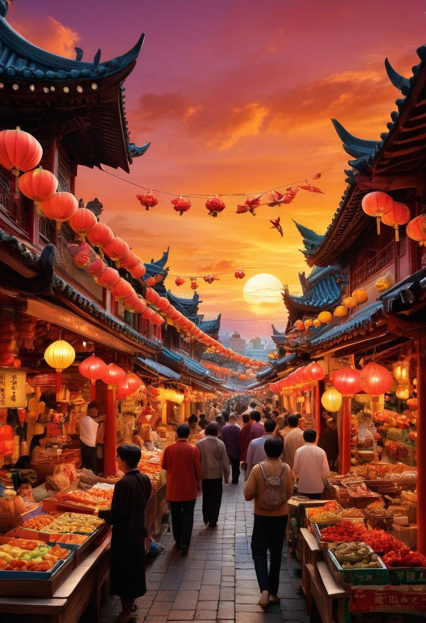 A colorful collage of iconic Asian street scenes, featuring a vibrant market filled with people gossiping and sharing tales, alongside symbolic elements like a dragon, fortune cookies, and traditional lanterns. Incorporate a majestic sunset in the background to symbolize glory, with essences of joy and drama. super-realistic. vibrant colors. 3D.