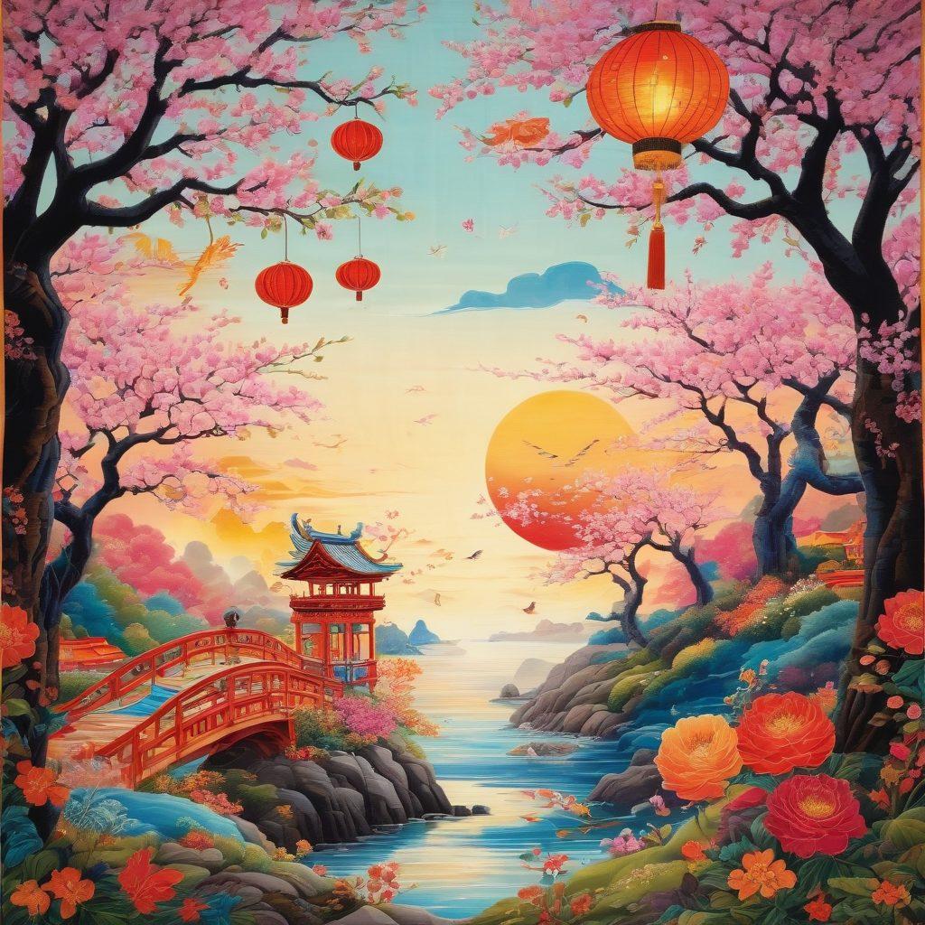 A colorful tapestry woven with intricate patterns symbolizing various Asian cultures, featuring playful characters engaged in lighthearted scandals and cheerful controversies. Bright cherry blossoms and lanterns float in the background, surrounded by elements of traditional celebrations. The characters should convey movement and joy, evoking a sense of dynamism. Include a blend of cultural motifs like dragons, festivals, and vibrant textiles. vibrant colors. 3D. whimsical art.